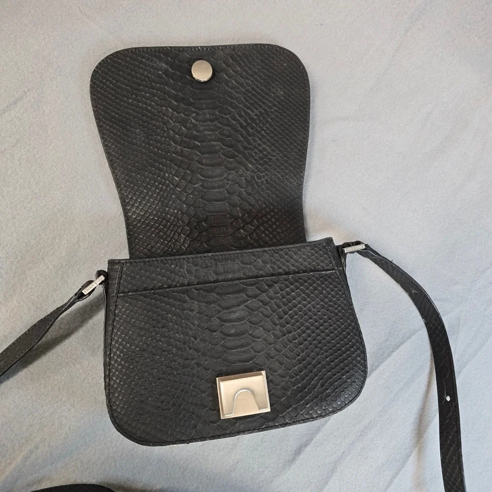Emily Cho New York Black‎ Python Embossed Leather Crossbody Bag Silver Hardware